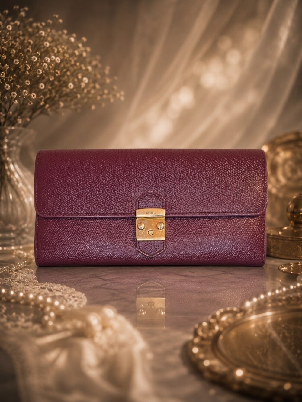 Furla Babylon Burgundy Saffiano Leather Continental Wallet w/ Box & Dust Bag
